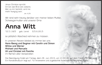Traueranzeige von Anna Witt von Pegnitz-Zeitung